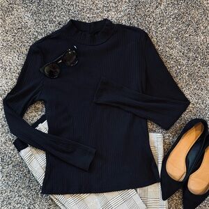 Elegant Black Ribbed Mock Turtleneck Long Sleeve Top